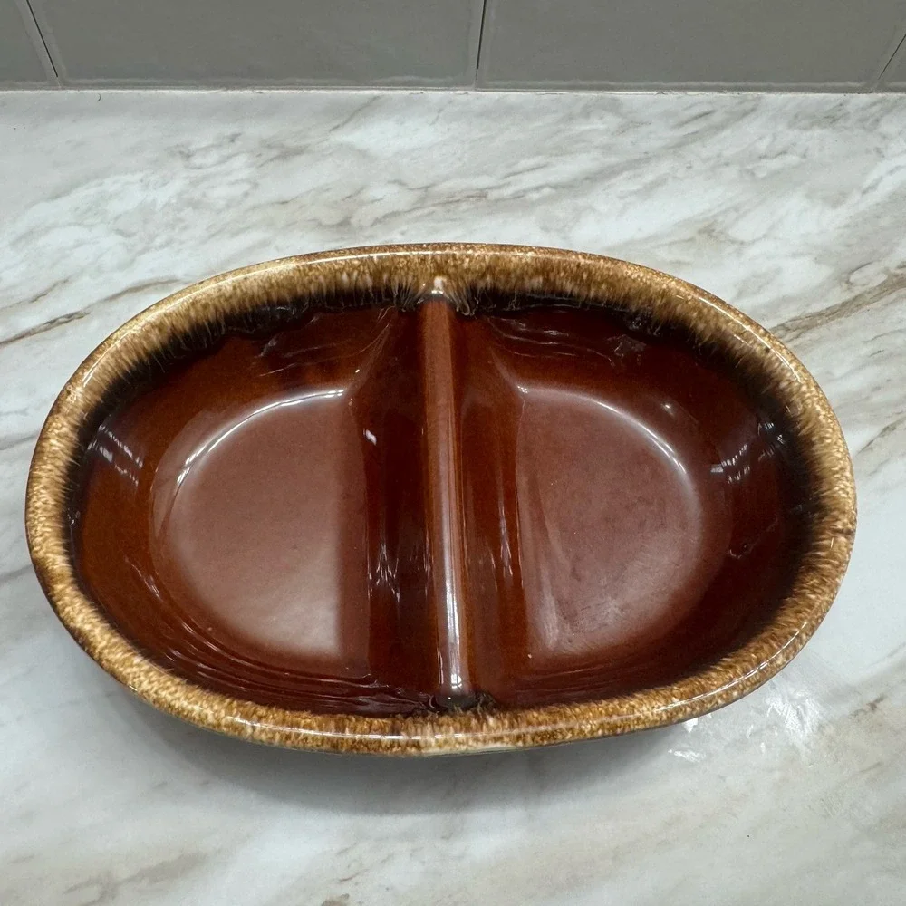 HULL OvenProof BROWN DRIP GLAZE DIVIDED SERVING BOWL DISH OVEN PROOF USA